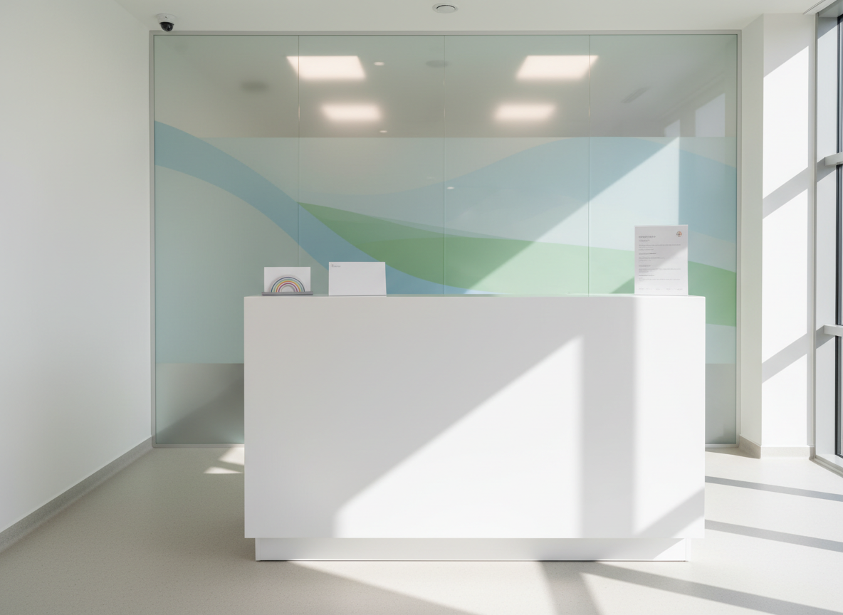 A polished white reception desk in a modern Polish medical clinic, with a small discrete rainbow-colored card holder and a neatly arranged stack of blank patient forms symbolizing inclusivity without using text. Behind the desk, frosted glass panels carry soft abstract shapes in pastel blues and greens, suggesting serenity and trust. Natural daylight from large unseen windows creates gentle reflections on the smooth surfaces and subtle shadows along the floor. Captured at eye level with photographic realism, the composition uses the rule of thirds to emphasize open space and accessibility. The mood is calm, professional, and welcoming, conveying a sense of safety for LGBT+ patients seeking affirming healthcare without showing any human figures.