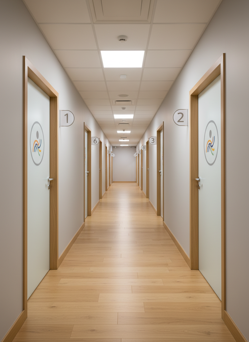 A hallway in a contemporary Polish medical center designed for privacy and comfort, with light wood flooring, soft grey walls, and numbered frosted-glass doors leading to consultation rooms. Discrete abstract icons in muted rainbow tones are integrated into the door signage, hinting at LGBT+ friendly services without using words or human imagery. Warm, diffused ceiling lighting creates an even glow, reducing harsh shadows and making the corridor feel safe and non-intimidating. Photographic realism at eye level stretches the perspective down the corridor, with clean lines guiding the viewer forward. The mood is quiet, orderly, and reassuring, suggesting a well-organized, respectful space where every patient can feel acknowledged and protected.