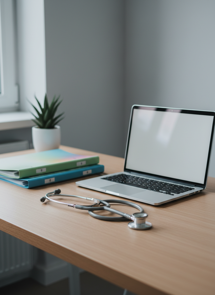 A close-up photographic view of a neatly arranged doctor’s desk in a contemporary Polish clinic, showing a stethoscope with a brushed metal finish, a sleek silver laptop with a blank, softly glowing screen, and a tidy stack of pastel-colored folders in blue, green, and a subtle rainbow gradient. The desk surface is light oak, smooth and immaculate, with a small potted plant adding a touch of life. Soft overhead lighting and natural side light combine to create gentle highlights and minimal shadows, emphasizing cleanliness and precision. Shot from a slightly elevated angle with shallow depth of field, the background blurs into a calm, pale grey wall, creating an atmosphere of trust, focus, and attentive care for diverse LGBT+ health needs.