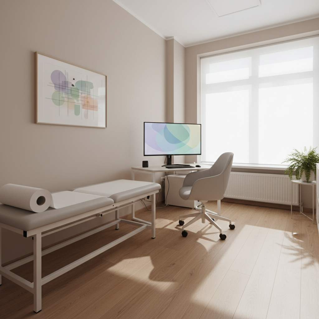 A clean, well-organized medical consultation room in Poland, featuring a modern examination bed with fresh white paper, a light grey ergonomic chair, and a computer workstation displaying an abstract interface with soft blue and green tones, avoiding any readable text. On the wall hangs a framed, non-figurative artwork that subtly incorporates rainbow hues in a tasteful, minimalist pattern, quietly signaling LGBT+ inclusivity. Diffused daylight filters through a translucent blind, casting soft, even illumination and gentle shadows. Photographic realism at a slightly wide angle highlights the spaciousness and order. The atmosphere is reassuring, confidential, and professional, ideal for sensitive health conversations in a non-discriminatory setting.